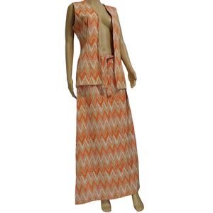 60s Orange Chevron Print Maxi Skirt Matching SS Vest Leisure Suit Set Size 13/14